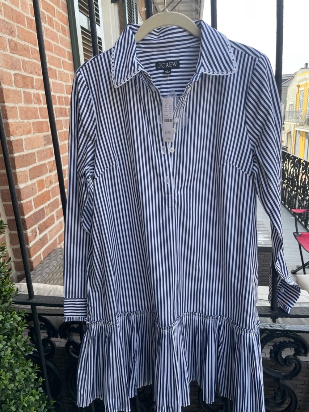 J. Crew Navy and White Vertical Stripe Shirt Dress with Flounce Hem